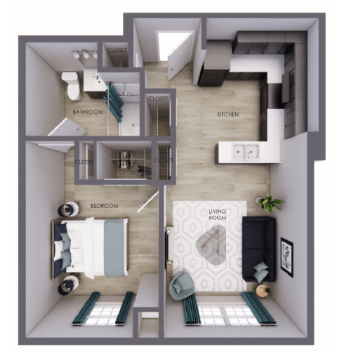 Floor plan for 1 bed, 1 bath, 534 sqft